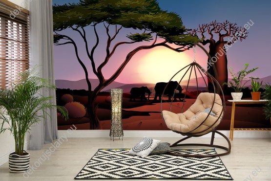 Wizualizacja fototapety do pokoju dziecięcego, młodzieżowego, sypialni, salonu i biura. Fototapeta z widokiem na słonie wędrujące po pustyni, na tle drzew sawanny i zachodzącego słońca.