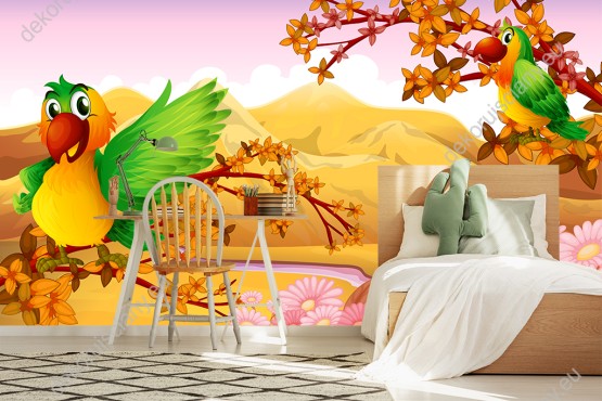 Wizualizacja fototapety do pokoju dziecięcego przedstawiająca dwa żółto-zielone ptaki siedzące na gałęziach, na tle gór, pustyni i płynącej przez nią niezwykłej różowej rzeki.