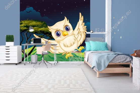 Wizualizacja fototapety do pokoju dziecięcego z sową lecącą po nocnym, rozgwieżdżonym niebie.