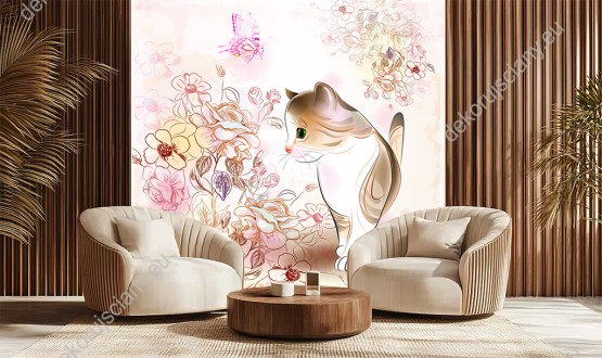 Wizualizacja fototapety do pokoju dziecięcego, młodzieżowego, sypialni i salonu z kotkiem spacerującym wśród delikatnych, kolorowych kwiatów.