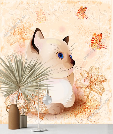 Wizualizacja fototapety do pokoju dziecięcego, młodzieżowego salonu, przedpokoju i sypialni z kotem odpoczywającym wśród kwiatów lilii i latającymi motylami, w jasnych, ciepłych barwach.