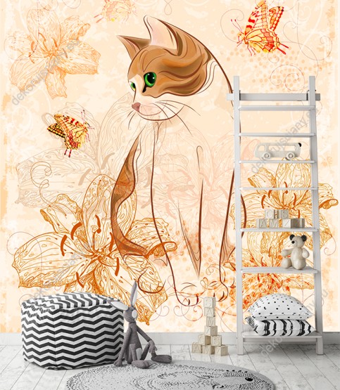 Wizualizacja fototapety do pokoju dziecięcego, młodzieżowego, sypialni i salonu z kotem siedzącym wśród kwiatów lilii i latającymi motylami, w jasnych, ciepłych barwach.