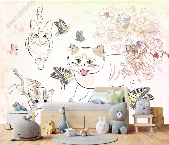 Wizualizacja fototapety do pokoju dziecięcego, dziennego, młodzieżowego, salonu lub sypialni z abstrakcyjnymi kotami, kolorowymi motylami i kwiatami w jasnych barwach.