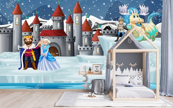 Wizualizacja fototapety do pokoju dziecięcego z motywem bajkowym. Król, księżniczka, rycerz i smok na tle dużego zamku w zimowej scenerii.