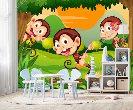 Wizualizacja fototapety do pokoju dziecięcego przedstawiająca trzy wesołe małpki tańczące w zielonej dżungli.
