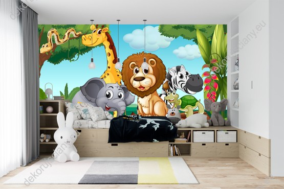 Wizualizacja fototapety do pokoju dziecięcego ze zwierzętami afrykańskimi. Lew, słoń, żyrafa, żółw, zebra i wąż w dżungli.