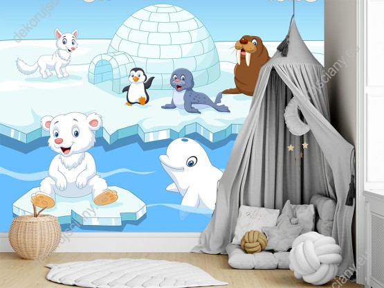 Wizualizacja fototapety do pokoju dziecięcego ze zwierzętami Arktyki: misiem, lisem polarnym, foką, morsem oraz  pingwinem i ich śniegowy domek, igloo.