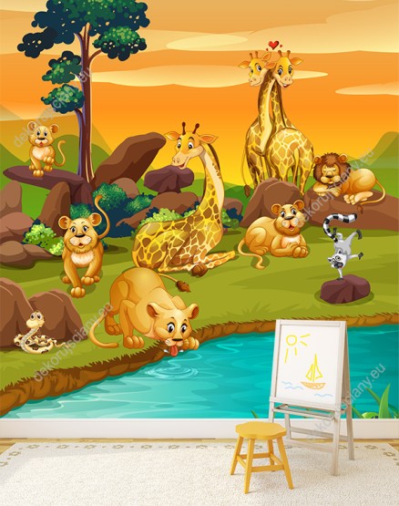 Wizualizacja fototapety do pokoju dziecięcego z motywem dzikich zwierząt afrykańskich. Lwy, żyrafy, wąż i lemur przy wodopoju.