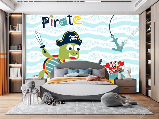 Wizualizacja fototapety do pokoju dziecięcego żółwiem i krabem w pirackich czapkach, którzy odnajdują skrzynię pełną skarbów.