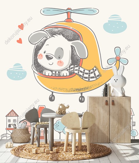 Wizualizacja fototapety do pokoju dziecięcego ze słodkim pieskiem latającym helikopterem.