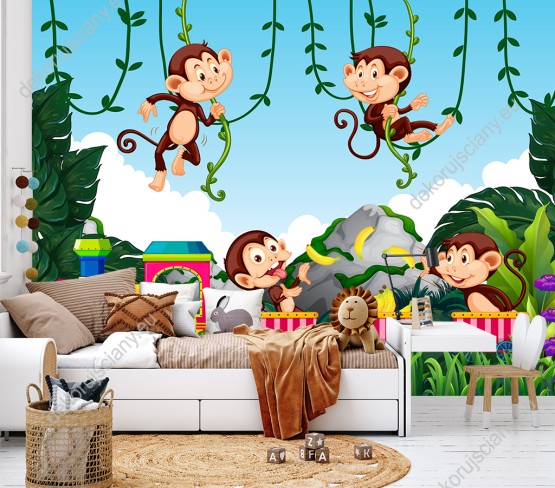Wizualizacja fototapety do pokoju dziecięcego z wesołymi małpkami jadącymi pociągiem w dżungli.