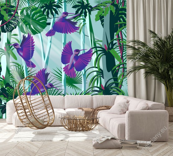 Wizualizacja fototapety do pokoju dziennego, dziecięcego, młodzieżowego, sypialni, salonu, biura z motywem tropikalnych ptaków. Fioletowe kolibry latające w zaroślach zielonej dżungli.