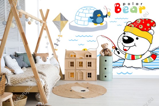 Wizualizacja fototapety do pokoju dziecięcego z białym misiem polarnym i pingwinem łowiącymi ryby.