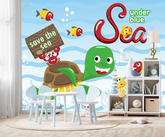 Wizualizacja fototapety do pokoju dziecięcego z grupą pływających razem podwodnych przyjaciół: żółwiem rakiem, rybami, meduzą i rozgwiazdą.