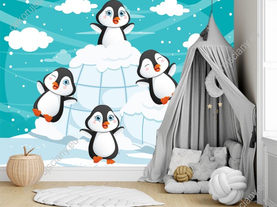 Wizualizacja fototapety do pokoju dziecięcego w zimowym klimacie ze słodkimi pingwinami i ich śniegowym domkiem, igloo.