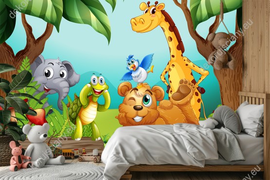 Wizualizacja fototapety do pokoju dziecięcego zwierzęcych przyjaciół z dżungli: żyrafa, ptak, słoń, żółw i miś.