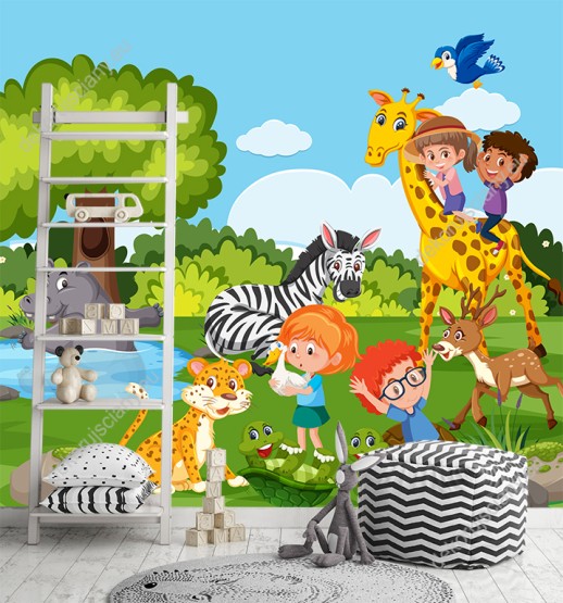 Wizualizacja fototapety do pokoju dziecięcego, przedstawiająca dzieci bawiące się ze zwierzętami.