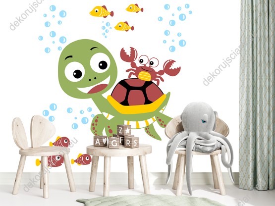 Wizualizacja fototapety do pokoju dziecięcego żółwiem i grupą podwodnych przyjaciół, rakiem i rybkami.