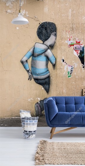 Wizualizacja fototapety przedstawia chłopca przenikającego przez mur. Fototapeta do pokoju młodzieżowego, salonu, sypialni, przedpokoju. 