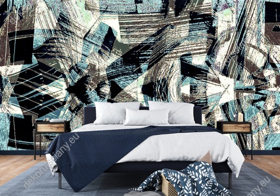 Wizualizacja fototapety w abstrakcyjne wzory malowane pędzlem. Rodzaj takiej fototapety świetnie sprawdzi się w sypialni, salonie, przedpokoju oraz pokoju młodzieżowym.