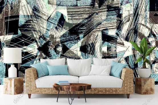 Wizualizacja fototapety w abstrakcyjne wzory malowane pędzlem. Rodzaj takiej fototapety świetnie sprawdzi się w sypialni, salonie, przedpokoju oraz pokoju młodzieżowym.