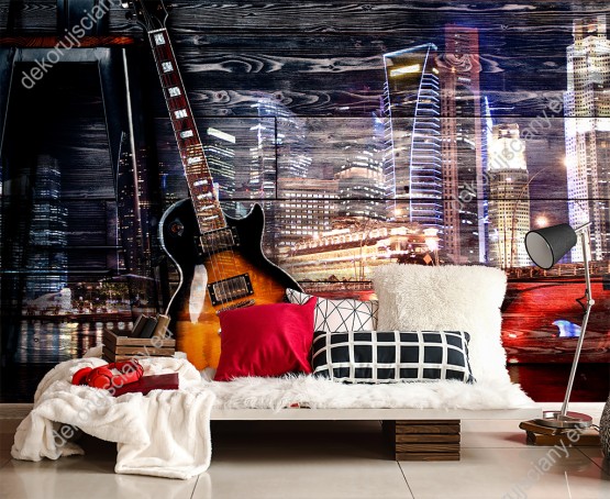 Wizualizacja fototapety do pokoju dziennego, dziecięcego, młodzieżowego, sypialni, salonu. Na fototapecie widnieje gitara i wysokie wieżowce nocnego, rozświetlonego miasta, na delikatnym drewnianym tle.