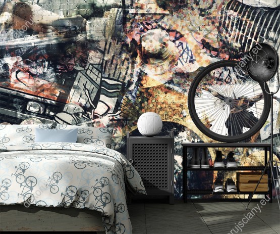 Wizualizacja fototapety przedstawia kolorowy, kolaż muzyczny. Fototapeta do pokoju młodzieżowego, salonu, sypialni, pokoju dziennego, przedpokoju.