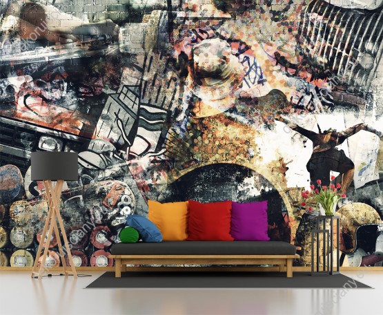 Wizualizacja fototapety przedstawia kolorowy, kolaż muzyczny. Fototapeta do pokoju młodzieżowego, salonu, sypialni, pokoju dziennego, przedpokoju.