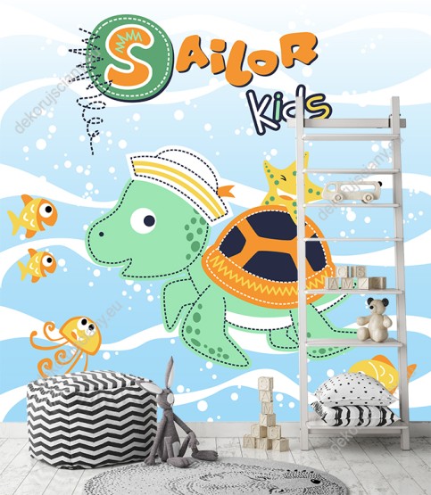 wizualizacja fototapety do pokoju dziecięcego z wesołym żółwiem pływającym z rybkami w błękitnym oceanie.