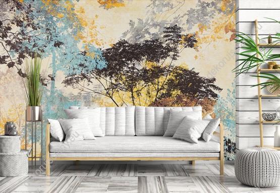 Wizualizacja fototapety z jesiennymi, abstrakcyjnymi krzewami. Fototapeta do salonu, sypialni, pokoju dziennego, gabinetu, biura, przedpokoju, jadalni.