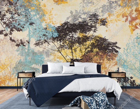 Wizualizacja fototapety z jesiennymi, abstrakcyjnymi krzewami. Fototapeta do salonu, sypialni, pokoju dziennego, gabinetu, biura, przedpokoju, jadalni.