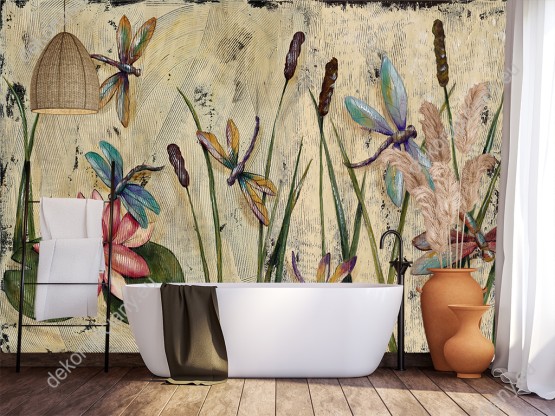 Wizualizacja fototapety przedstawia kolorowe ważki latające pośród roślin. Rodzaj takiej fototapety świetnie sprawdzi się w pokoju dziennym, salonie, sypialni, przedpokoju, jadalni, oraz pokoju młodzieżowym i dziecięcym.