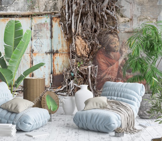 Wizualizacja fototapety z kategorii murali przedstawia kobietę modlącą się pod drzewem. Fototapeta do pokoju dziennego, sypialni, salonu, biura, gabinetu, przedpokoju i jadalni.