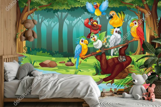 Wizualizacja fototapety do pokoju dziecięcego przedstawiający wesołe, kolorowe papugi i orangutana w egzotycznej dżungli.