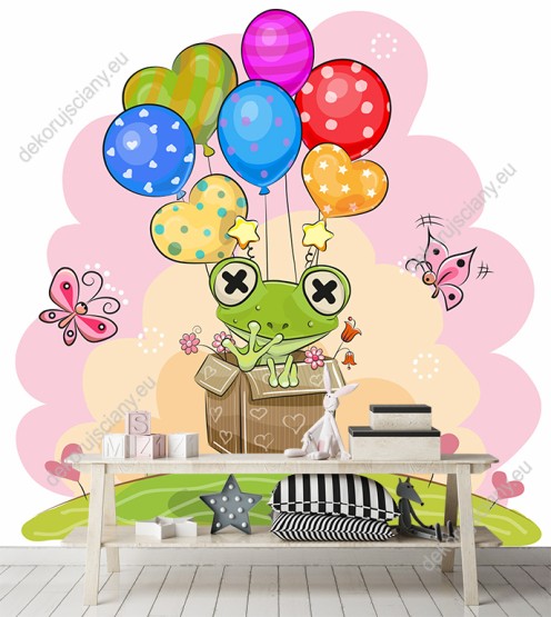 Wizualizacja fototapety do pokoju dziecięcego z żabą w kartonie unoszonym w niebo przez kolorowe balony.