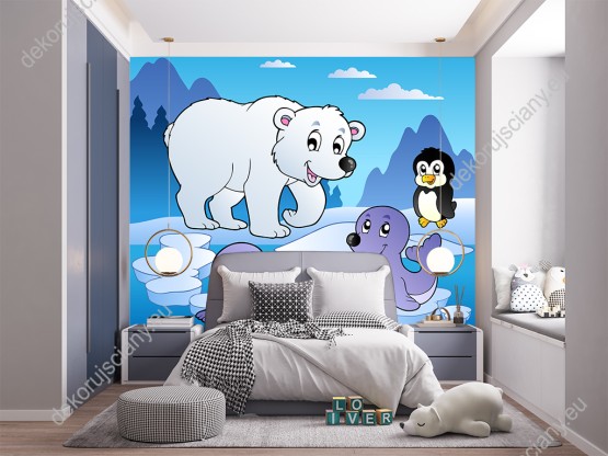 Wizualizacja fototapety do pokoju dziecięcego ze zwierzętami Arktyki, pingwinem, fokami i misiem polarnym w zimowej scenerii.