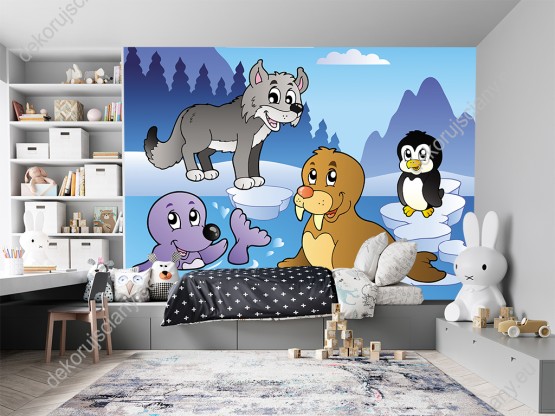 Wizualizacja fototapety do pokoju dziecięcego ze zwierzętami Arktyki foką, wilkiem, morsem i pingwinem w zimowej scenerii.