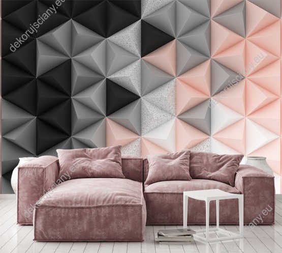 Wizualizacja fototapety do pokoju dziennego, dziecięcego, młodzieżowego, sypialni, salonu, biura, gabinetu, przedpokoju. Fototapeta we wzory geometryczne z efektem 3D i paletą modnych kolorów takich jak pastele, szarości, czerń i marmurkowa mozaika.