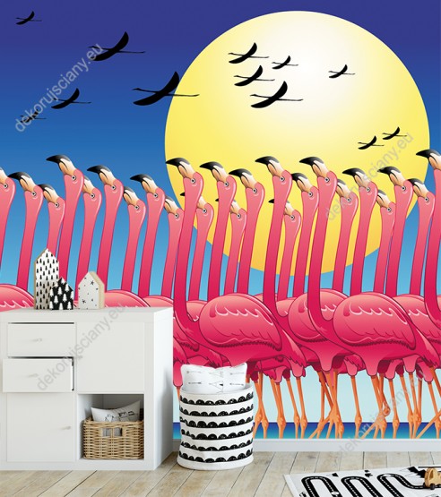 Wizualizacja fototapety do pokoju dziecięcego z różowymi flamingami w na tropikalnej wyspie wśród egzotycznych roślin.