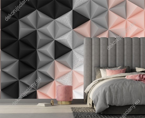 Wizualizacja fototapety do pokoju dziennego, dziecięcego, młodzieżowego, sypialni, salonu, biura, gabinetu, przedpokoju. Fototapeta we wzory geometryczne z efektem 3D i paletą modnych kolorów takich jak pastele, szarości, czerń i marmurkowa mozaika.