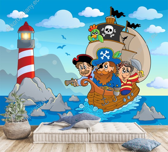 Wizualizacja fototapety do pokoju dziecięcego z piratami wyruszającymi na morską przygodę.
