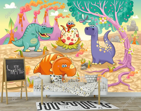 Wizualizacja fototapety do pokoju dziecięcego z dinozaurami w prehistorycznej krainie.