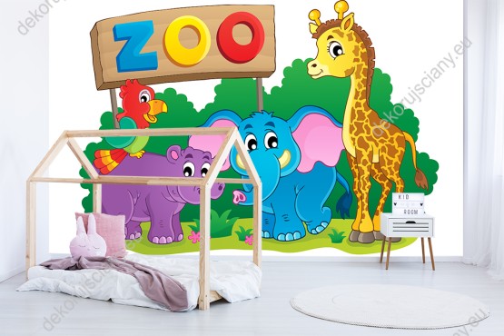 Wizualizacja fototapety do pokoju dziecięcego ze zwierzętami z ZOO - żyrafą, hipopotamem, słoniem i kolorową papugą.