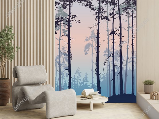 Wizualizacja fototapety z widokiem artystycznego sosnowego lasu w niebieski-zielono-pomarańczowych barwach. Fototapeta do pokoju dziennego, młodzieżowego, salonu, sypialni, gabinetu, biura, przedpokoju i jadalni.