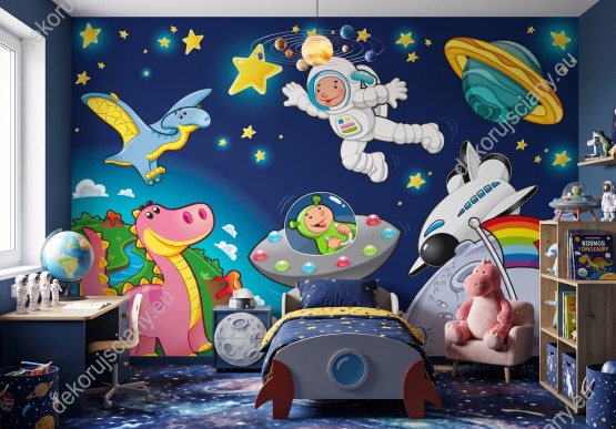 Wizualizacja fototapety do pokoju dziecięcego z planetami, astronautą, zwierzętami w kosmosie.