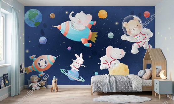 Wizualizacja fototapety, zwierzęta  astronauci w kosmosie wśród planet.