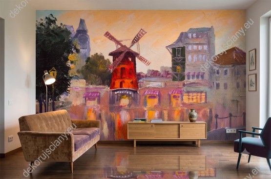 Wizualizacja fototapety do pokoju dziecięcego, młodzieżowego, salonu, sypialni, pokoju dziennego, gabinetu, biura, przedpokoju. Malowany artystycznie pejzaż miejski, Moulin Rouge w Paryżu.
