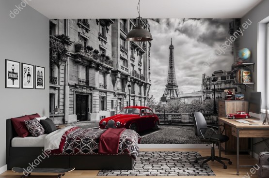 Wizualizacja, czarno-biała fototapeta z czerwoną, retro limuzyną, na ulicy Paryża z widokiem na wieżę Eiffla, we Francja. Nowoczesna fototapety świetnie sprawdzi się w pokoju dziennym, młodzieżowym, salonie, sypialni, przedpokoju, jadalni, biurze, gabinecie oraz pokoju młodzieżowym.