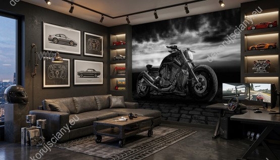 Wizualizacja czarno-białej fototapety z motocyklem na tle burzowego nieba, przeznaczona do pokoju młodzieżowego, biura, gabinetu, sypialni, salonu.