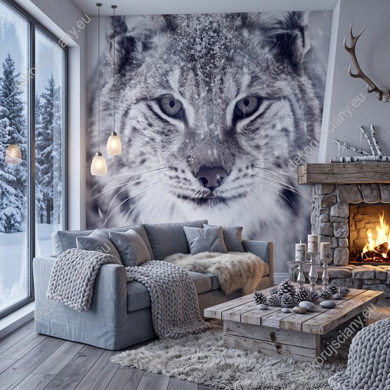 Wizualizacja fototapety do pokoju dziennego, dziecięcego, młodzieżowego, sypialni, salonu, przedpokoju, biura przedstawiająca rysia śnieżnego w zimowej scenerii, wśród padającego śniegu.